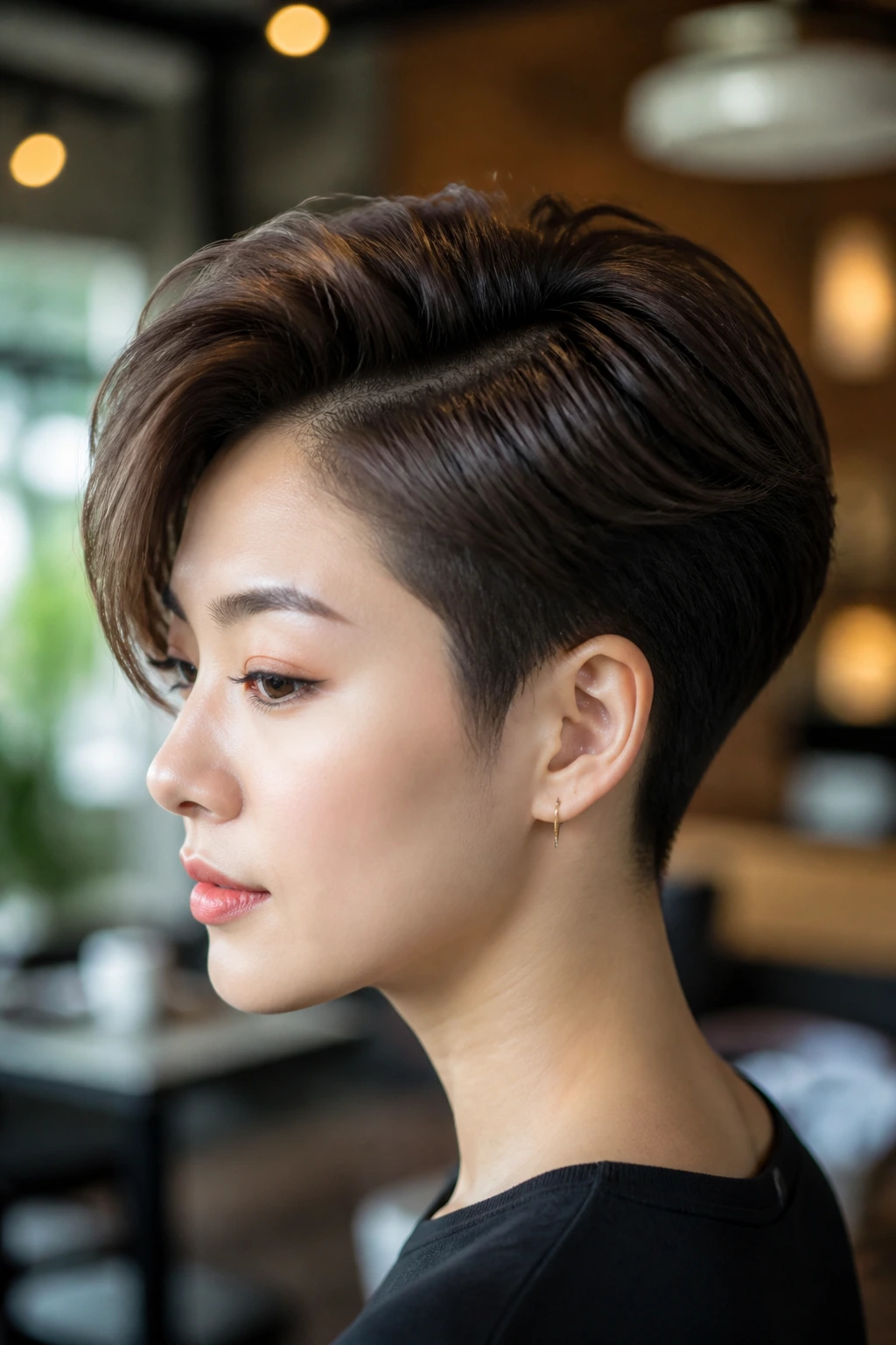 Close-up portrait of an Asian woman with a side-swept quiff and tapered nape