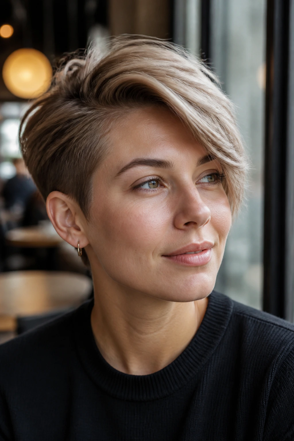 Close-up of a real woman with a side-swept razor crop
