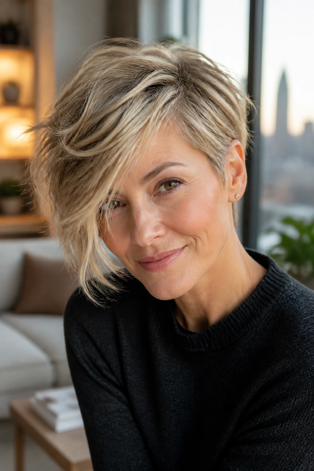 Close-up portrait of a real woman with a side-swept razor pixie hairstyle.