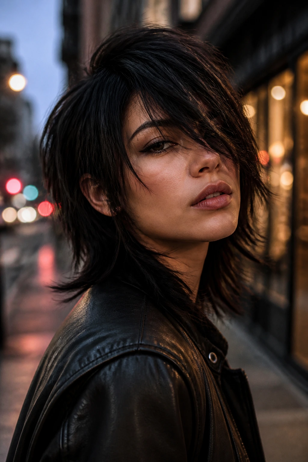 Close-up profile of a real woman with side-swept rocker shag covering one eye