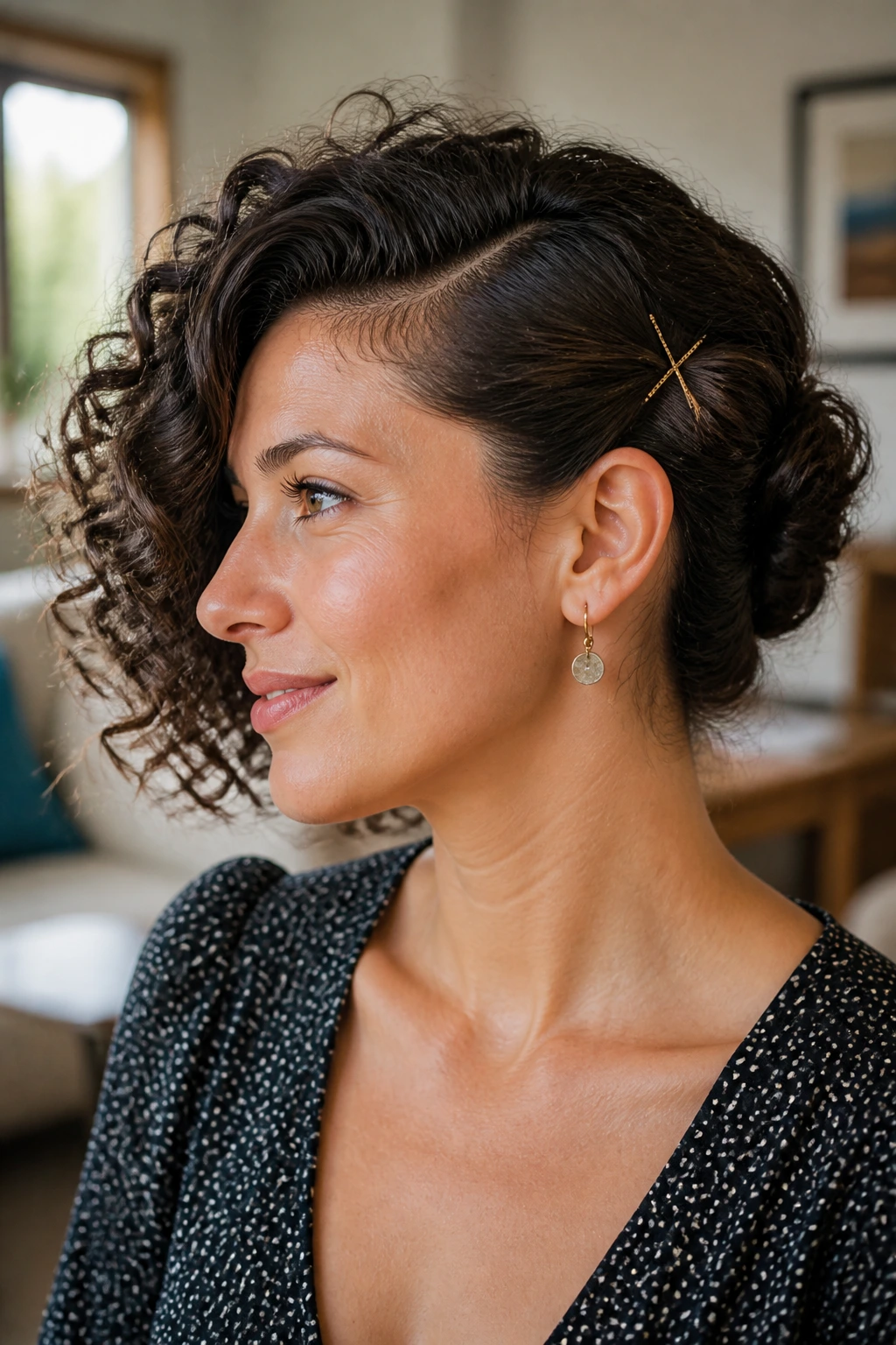 Side profile of a woman with a side-swept roll and pin behind the ear.