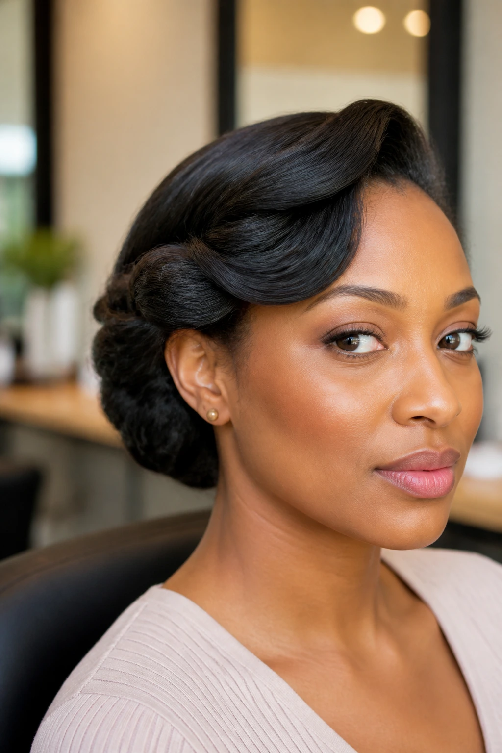 Close-up of side-swept roll and tuck hairstyle on a real person