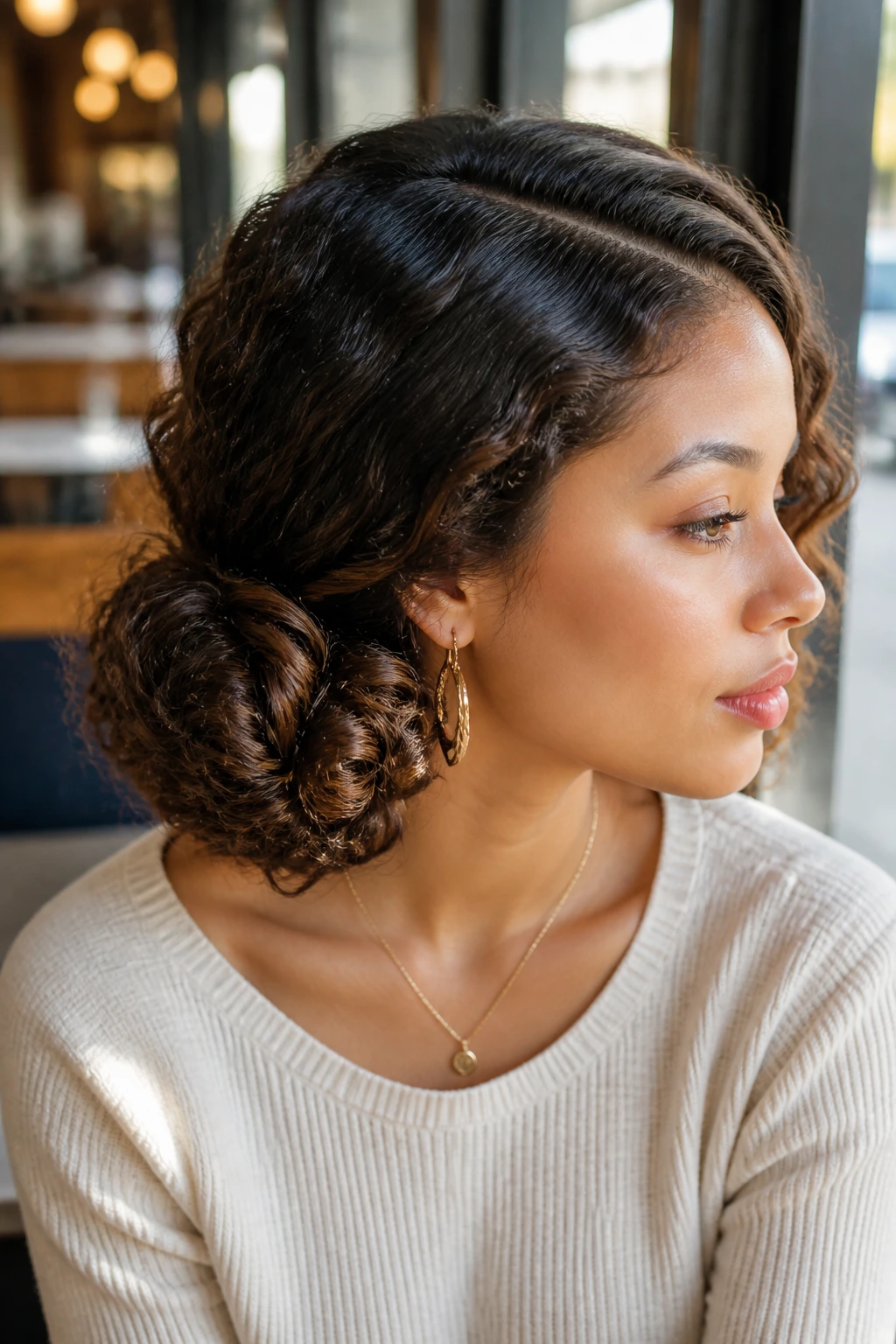 Profile close-up of a real woman with a side-swept rolled bun