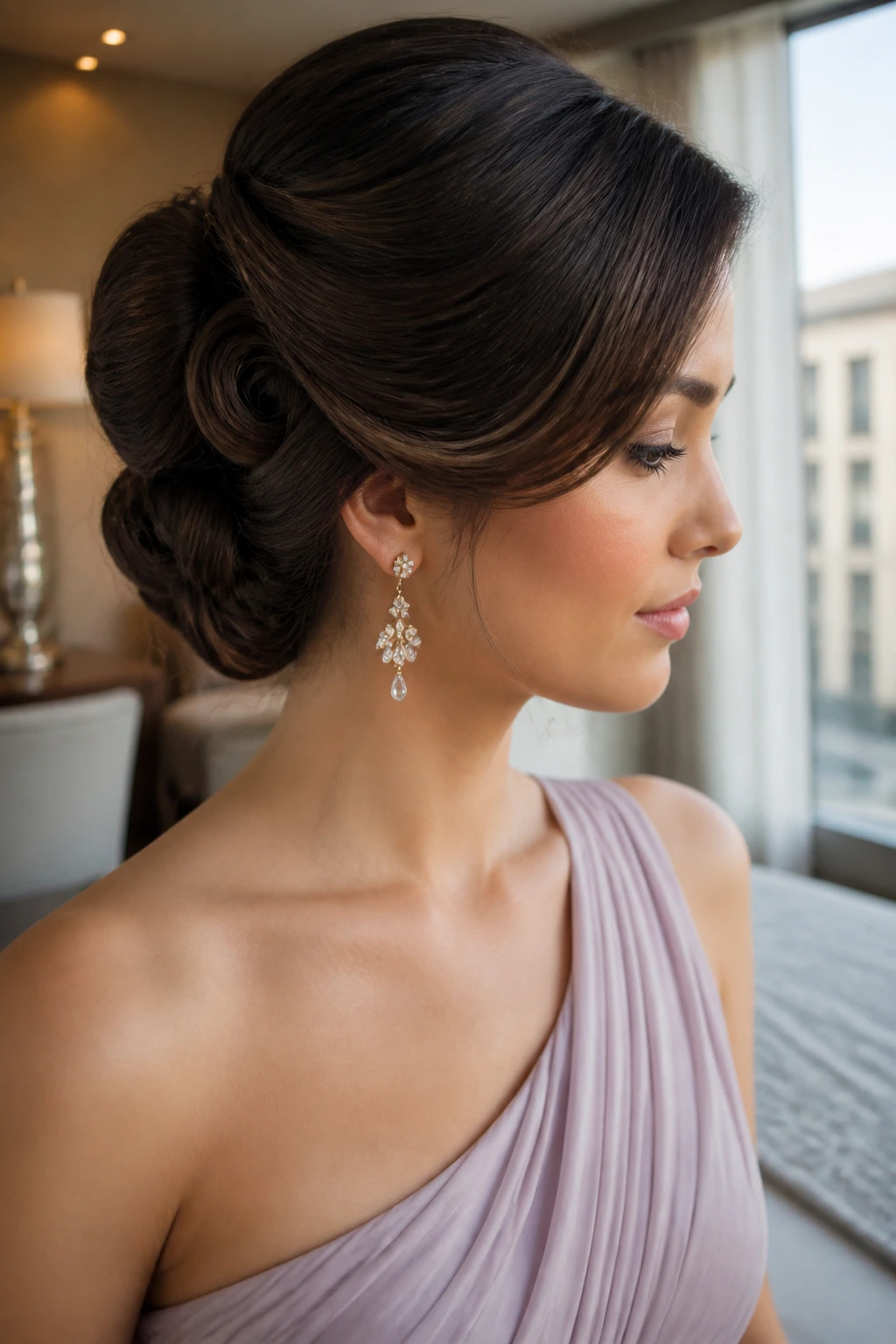 Close-up of a real woman with a side-swept rolled updo and off-center volume