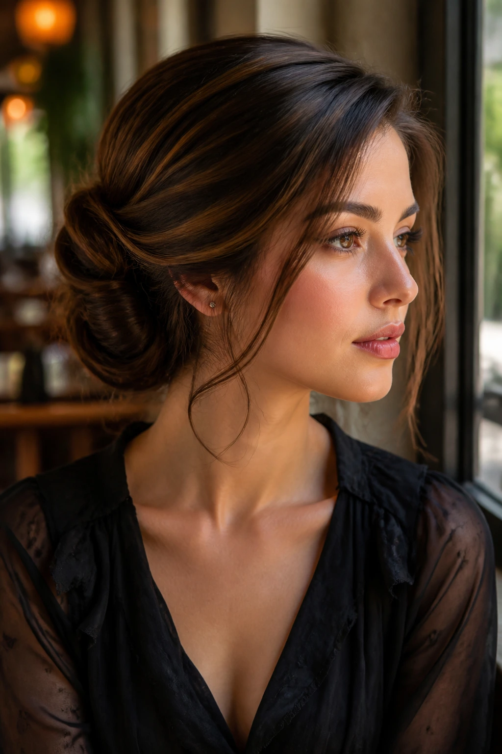 Close-up of a real woman with a side-swept rolled updo pinned off-center