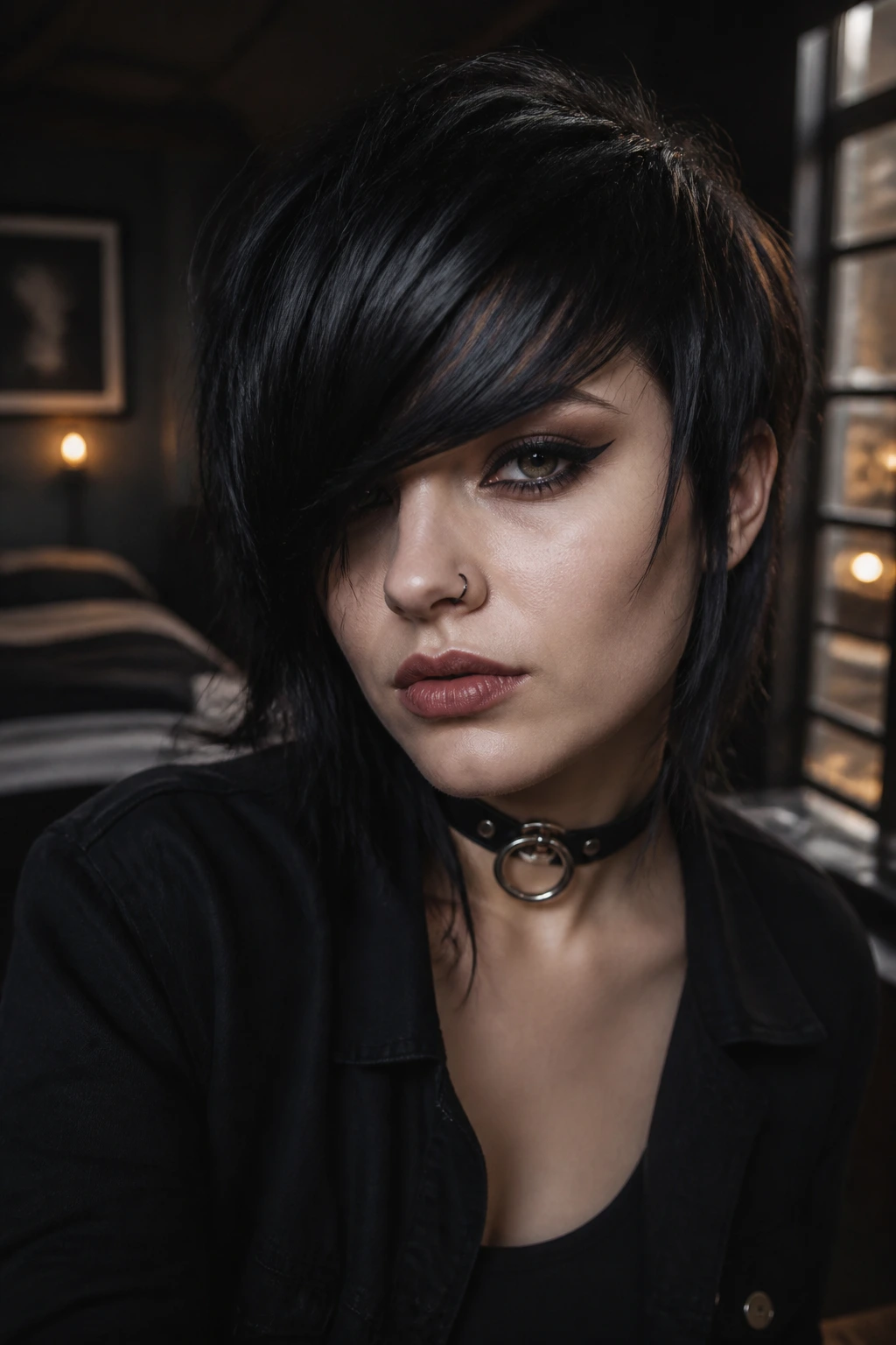 Medium close-up portrait of a real person with side-swept sable bangs.