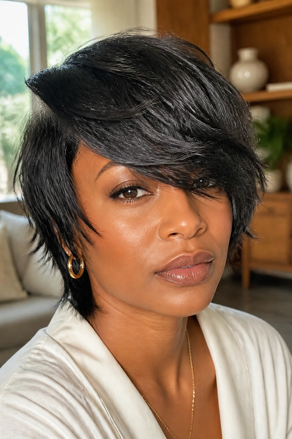 Close-up portrait of a real Black woman with a side-swept shag and long bangs, natural window light.