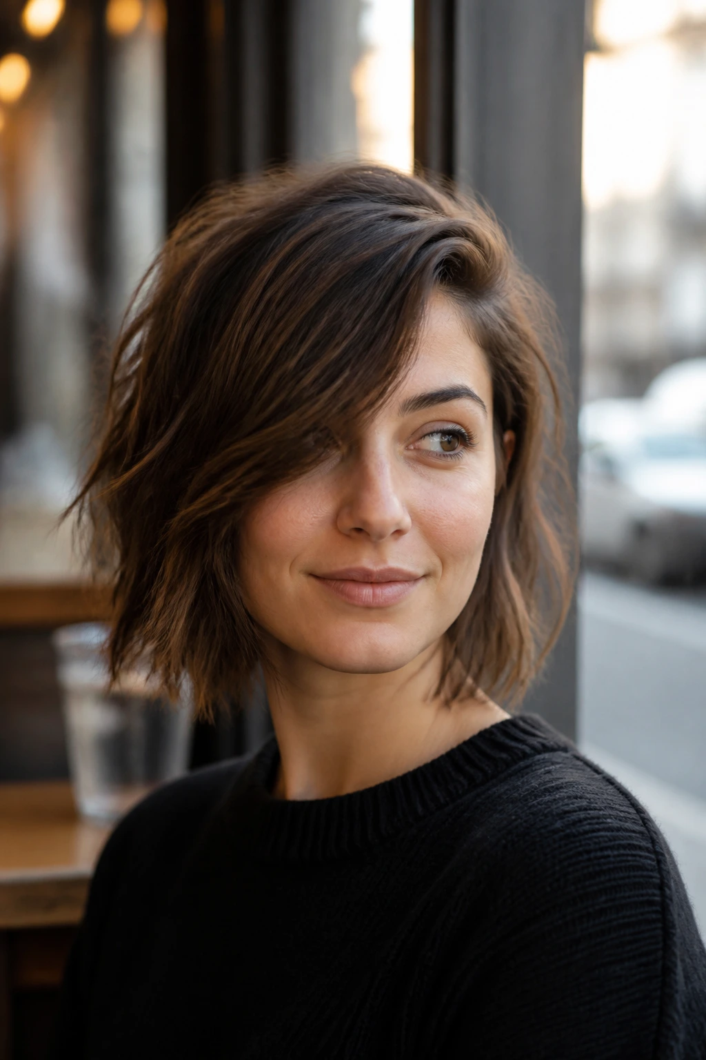 Close-up portrait of a real person with a deep side-parted side-swept shag bob in soft cafe light