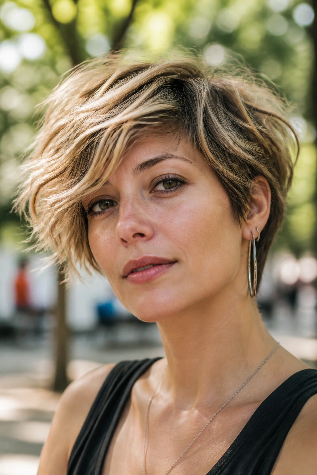 Close-up portrait of a woman with a side-swept shag crop