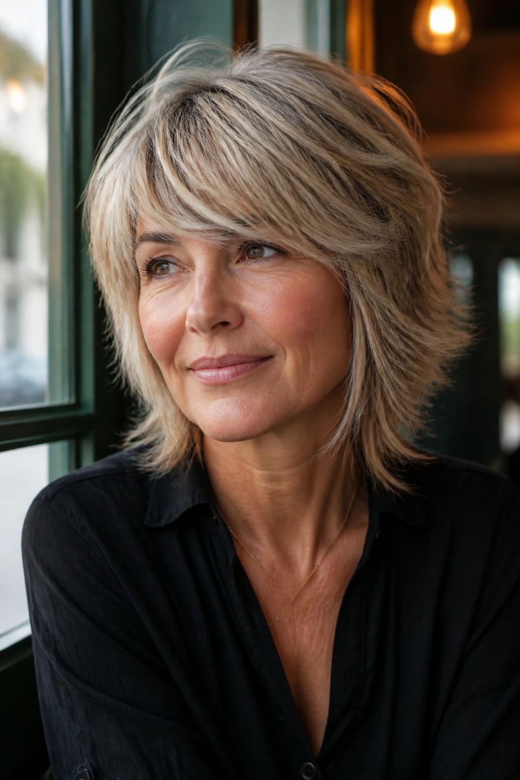 Close-up of a real woman with side-swept shag and face-framing layers in soft light