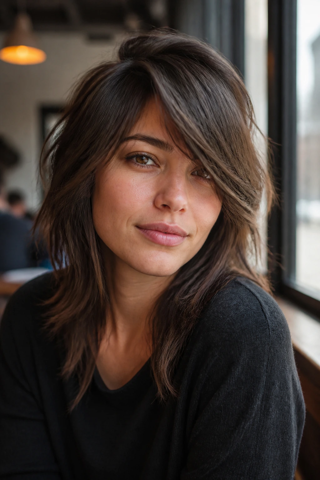 Close-up of woman with side-swept shag fringe