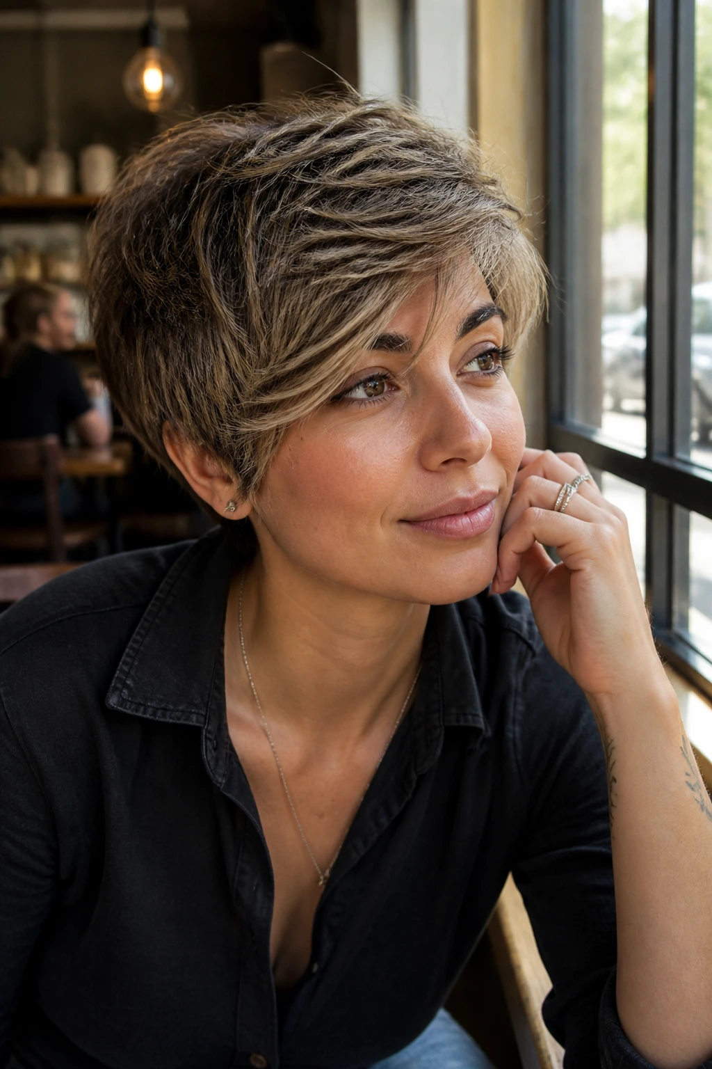 Portrait of a person with a side-swept shag pixie showing diagonal front sweep