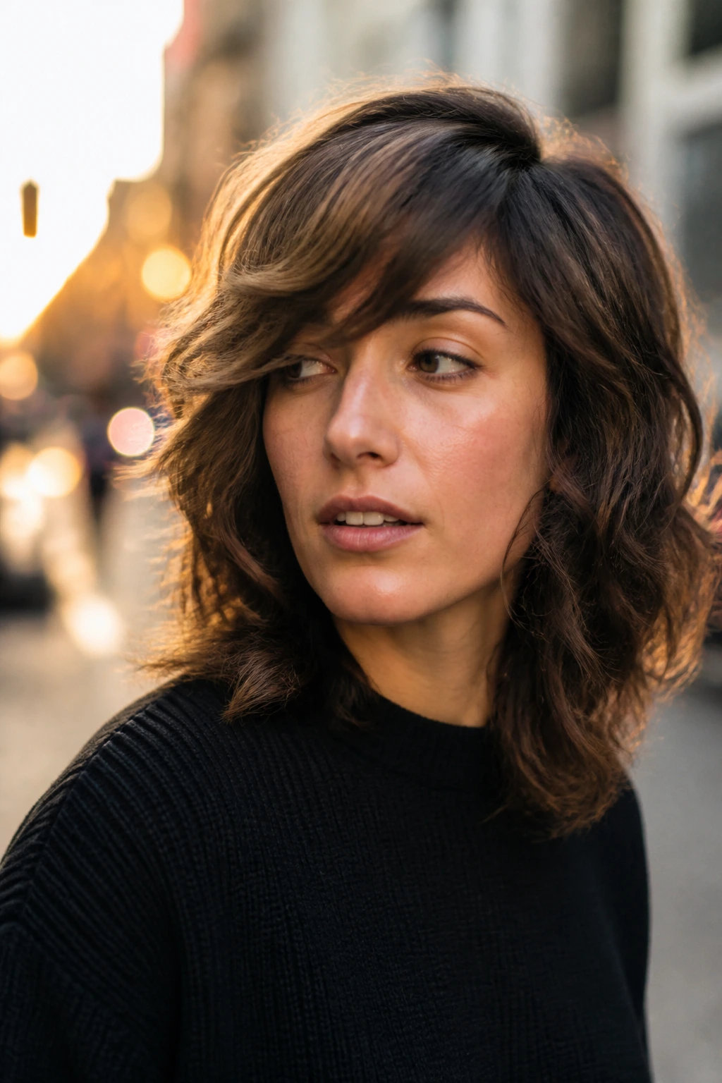 Portrait of a real person with a side-swept shag showing one-sided waves and asymmetrical styling