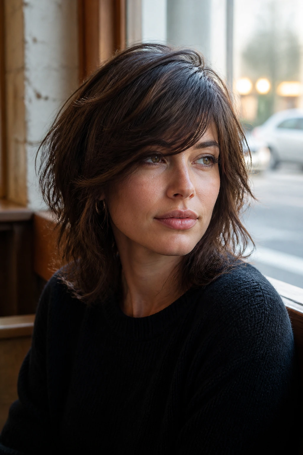 Close-up portrait of a real woman with a side-swept shag