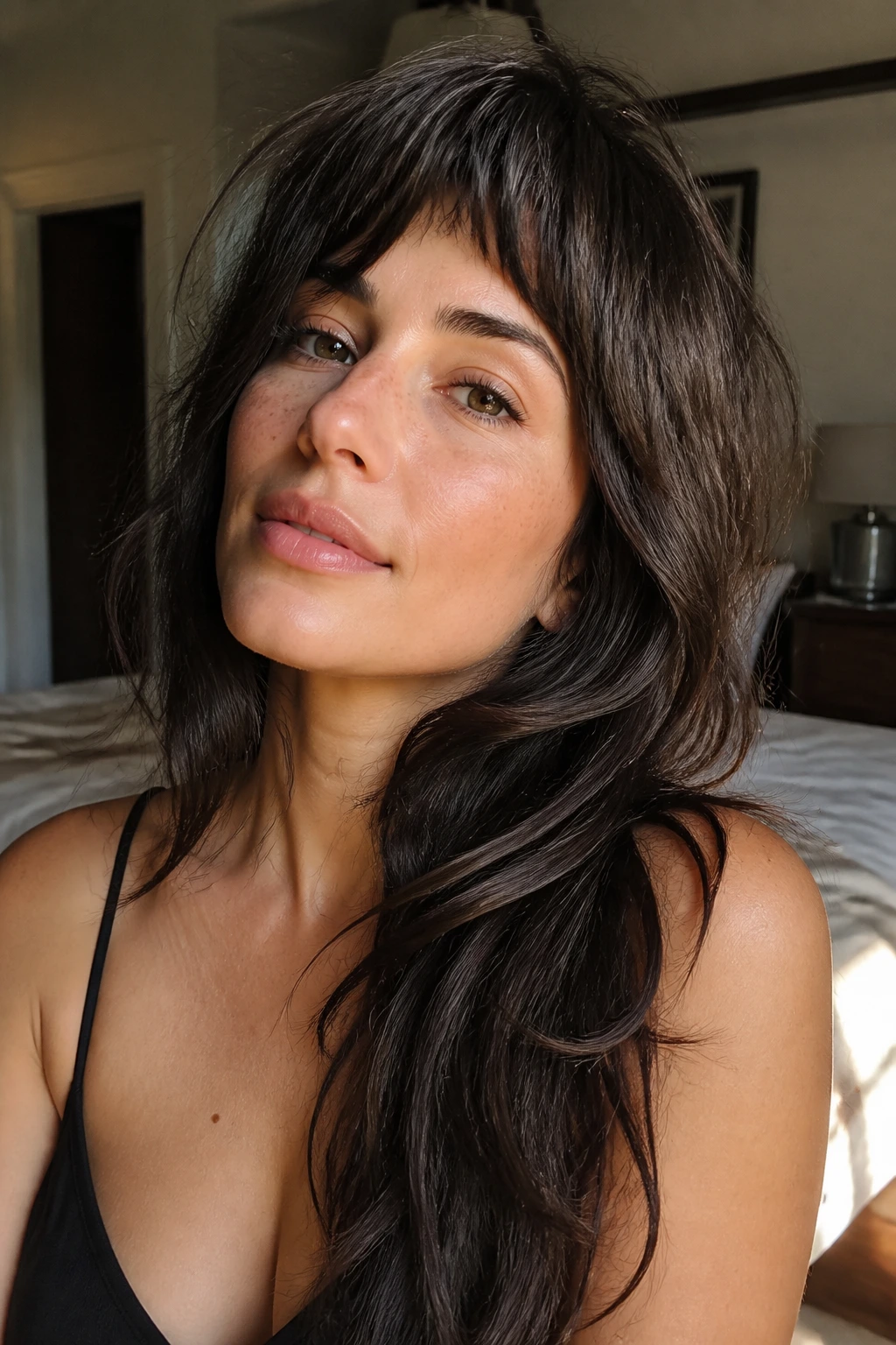 Close-up of a real woman with a side-swept shag and short bangs under warm window light