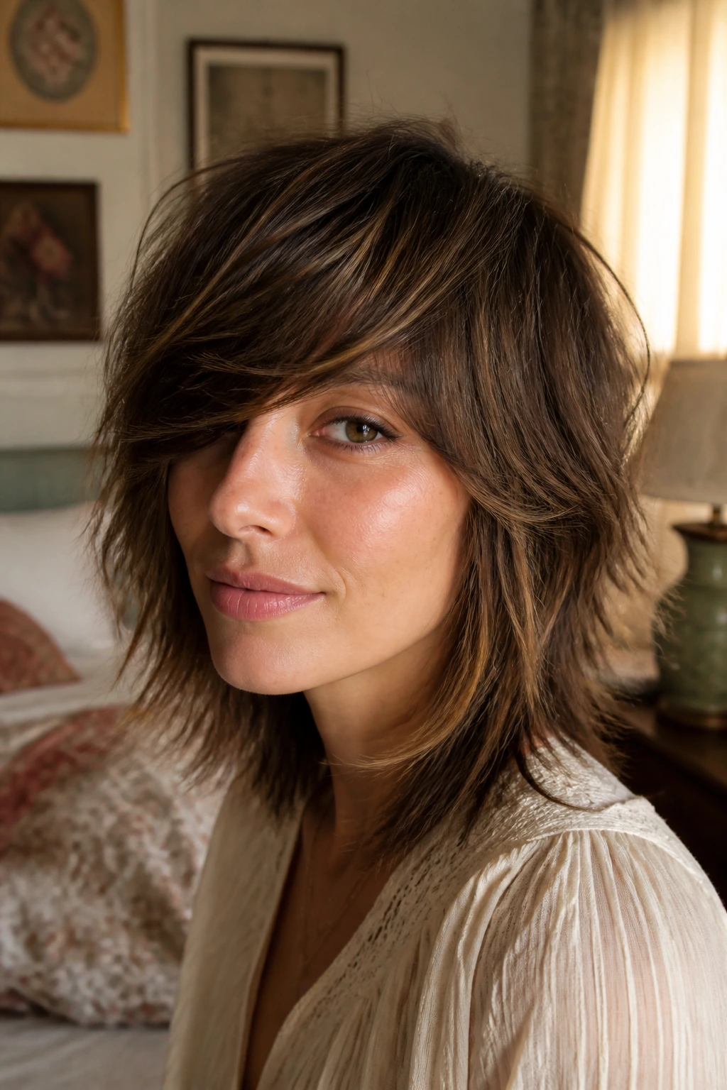 Close-up portrait of a woman with side-swept vintage shag hairstyle in warm bedroom light