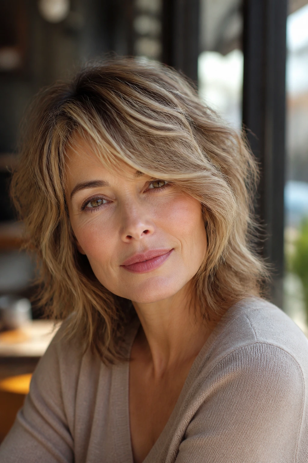 Portrait of a woman with side-swept wave shag and diagonal fringe.