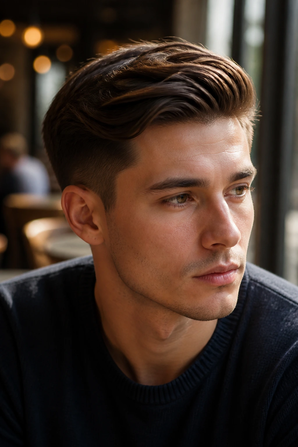 Portrait of a person with a side-swept tapered cut and textured top