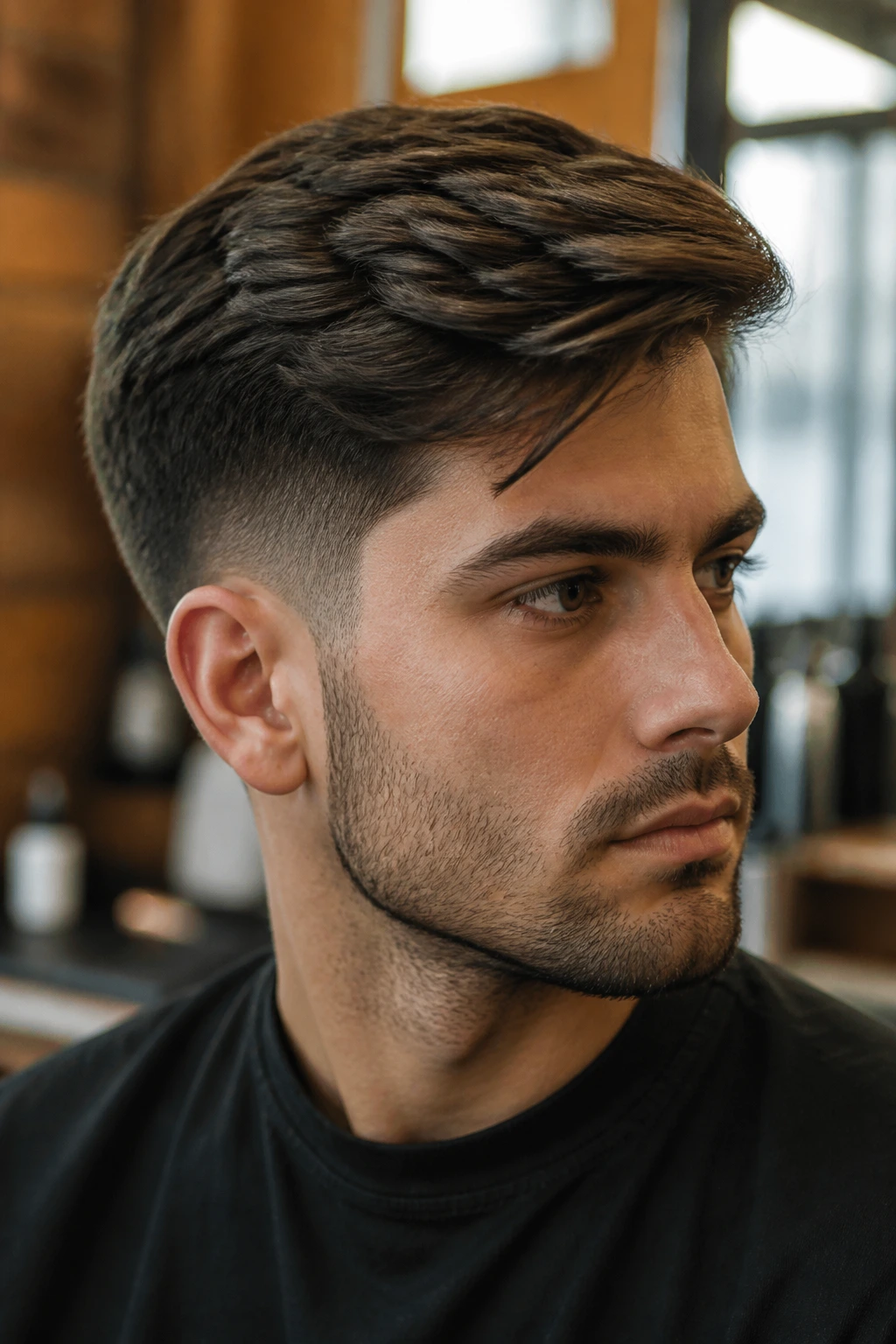 Close-up of a real man with side-swept textured top and taper hairstyle in a barber shop