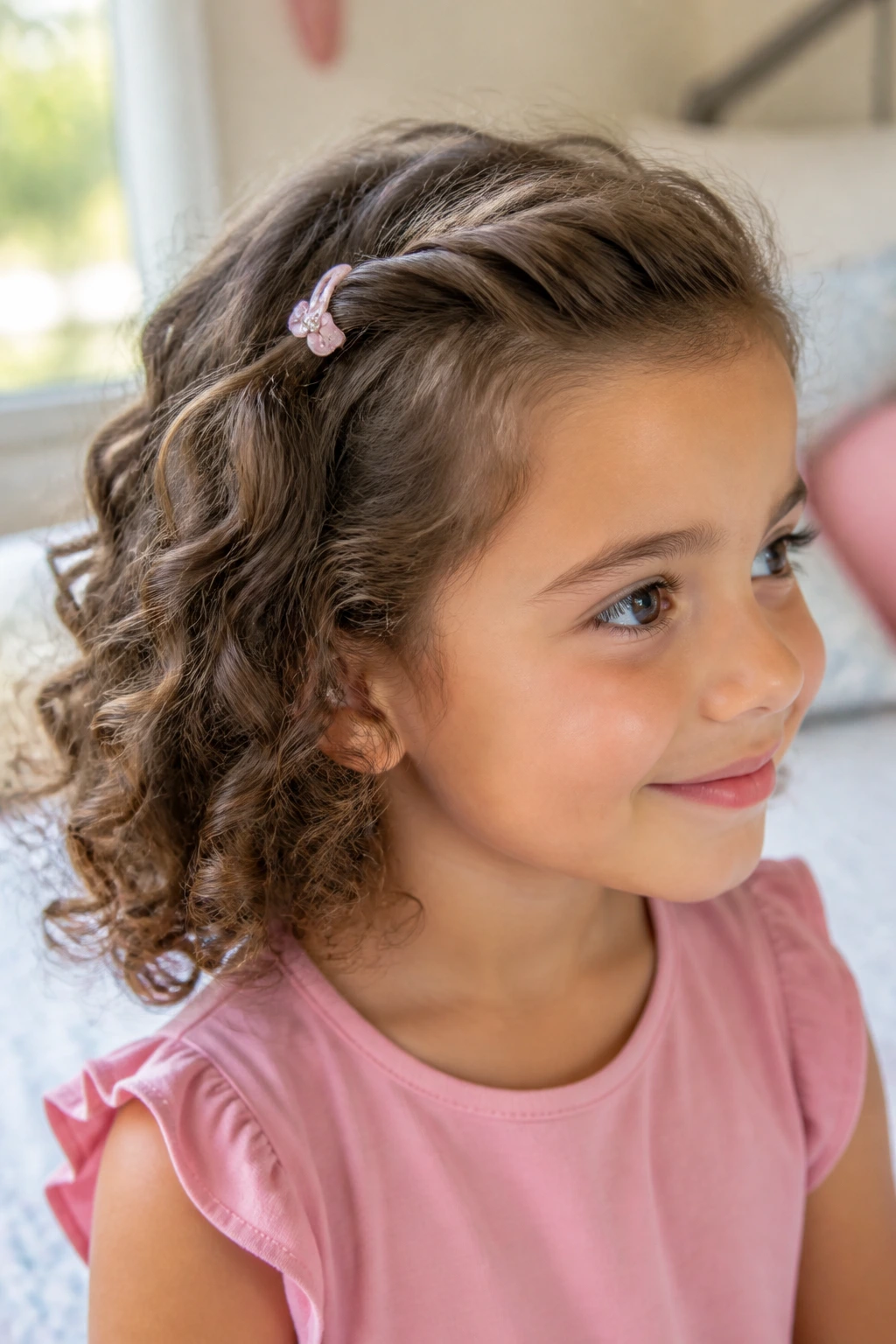 Close-up of a girl with a side-swept twist and clip
