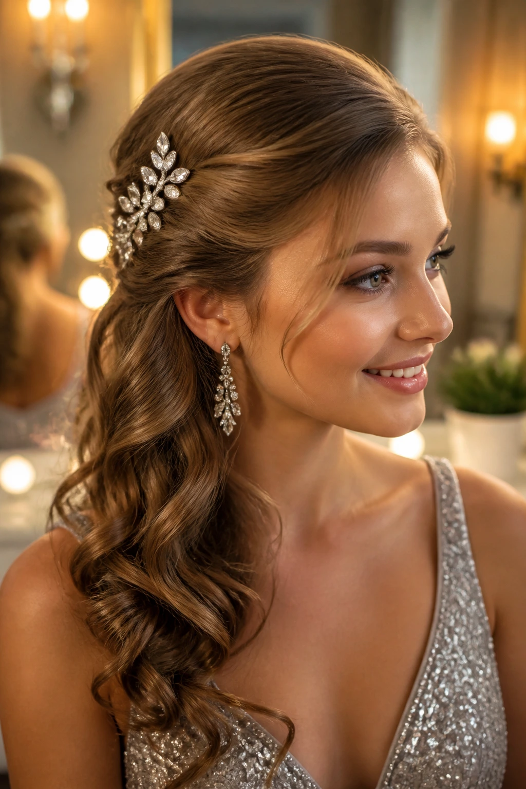 Close-up portrait of a woman with a side-swept twist pinned by a crystal comb