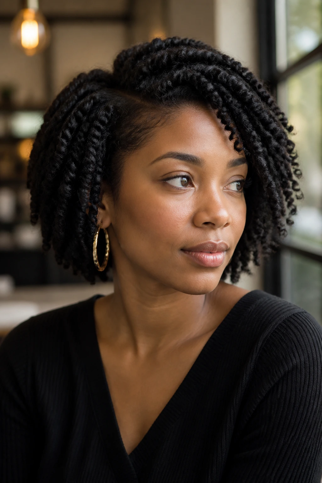 Close-up of a real woman with side-swept twist-out bob