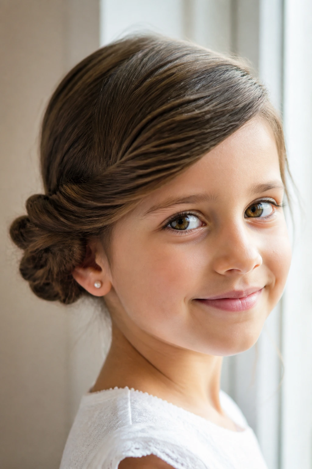 Close-up of a girl with a side-swept twisted bun behind the ear