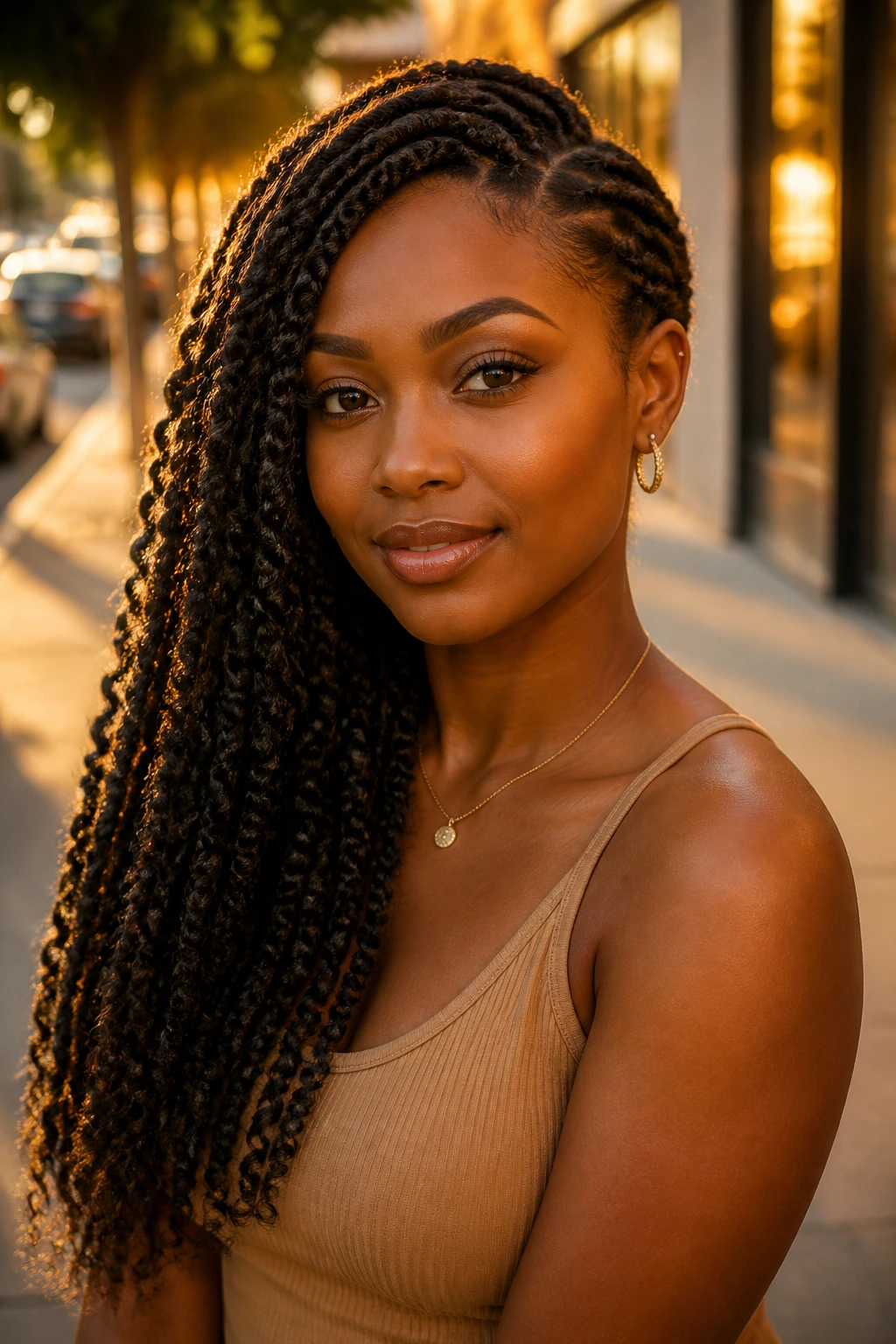 Portrait of a real woman with side-swept passion twists over one shoulder