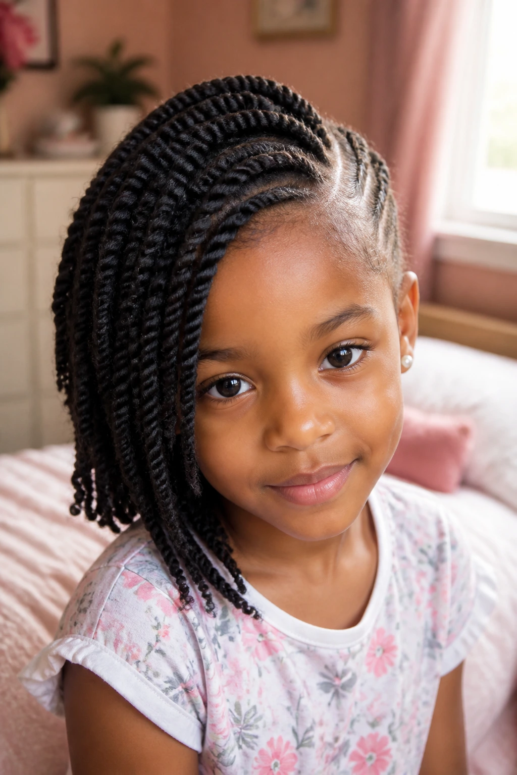 Close up of a real child with side swept twists in a cozy bedroom