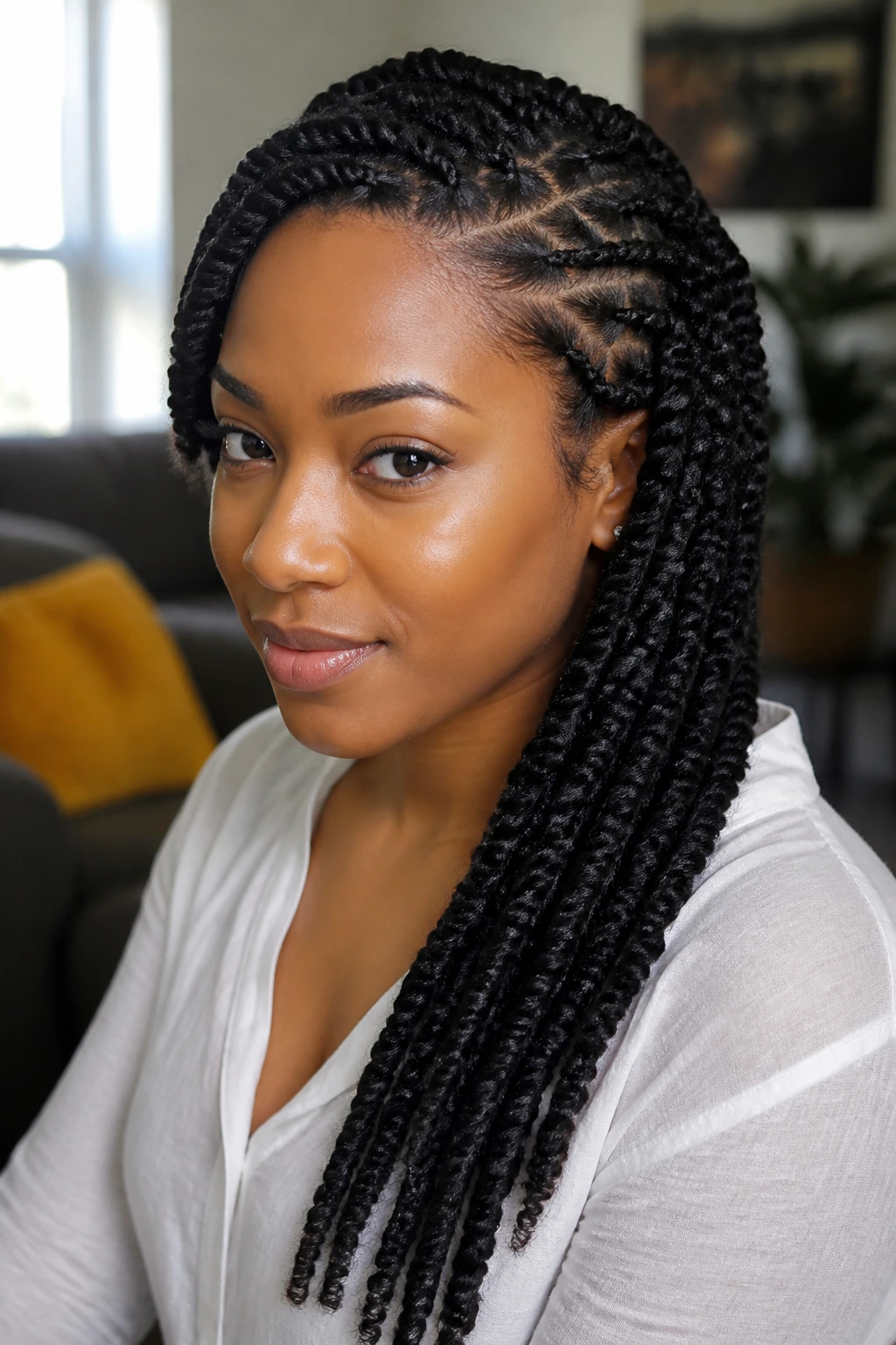 Real person with side-swept flat twists on a cozy setting