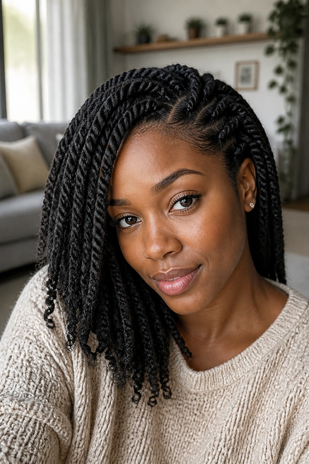 Close-up portrait of a real woman with side-swept twists and deep side part in natural light