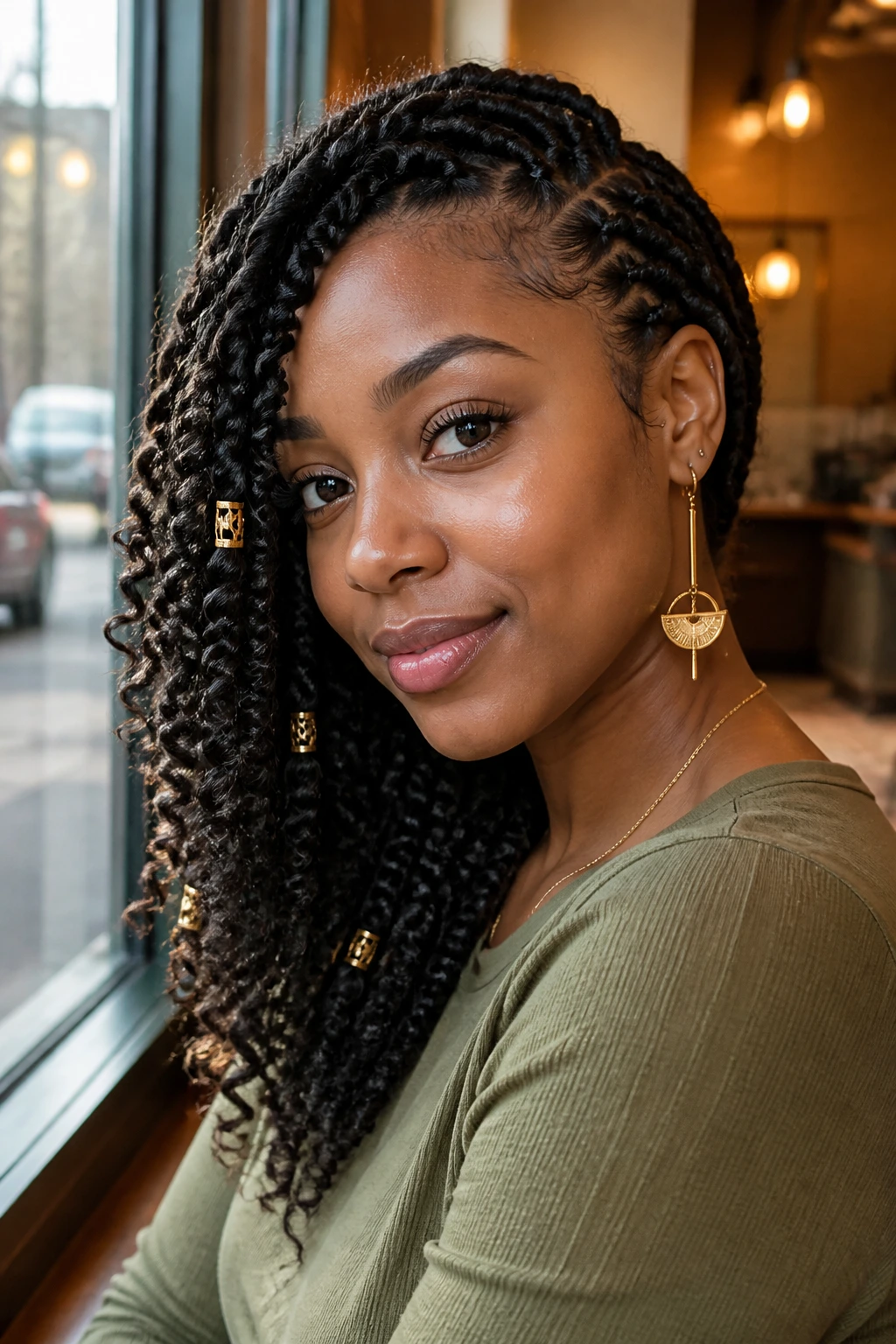 Close-up of a real woman with side-swept twists over one shoulder in a cafe setting