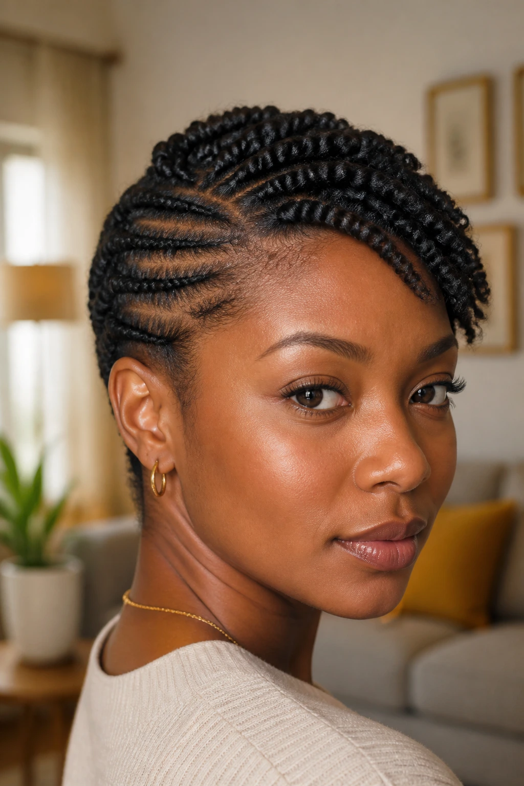 Close-up of a real Black woman with side-swept flat twists on short hair, warm window light