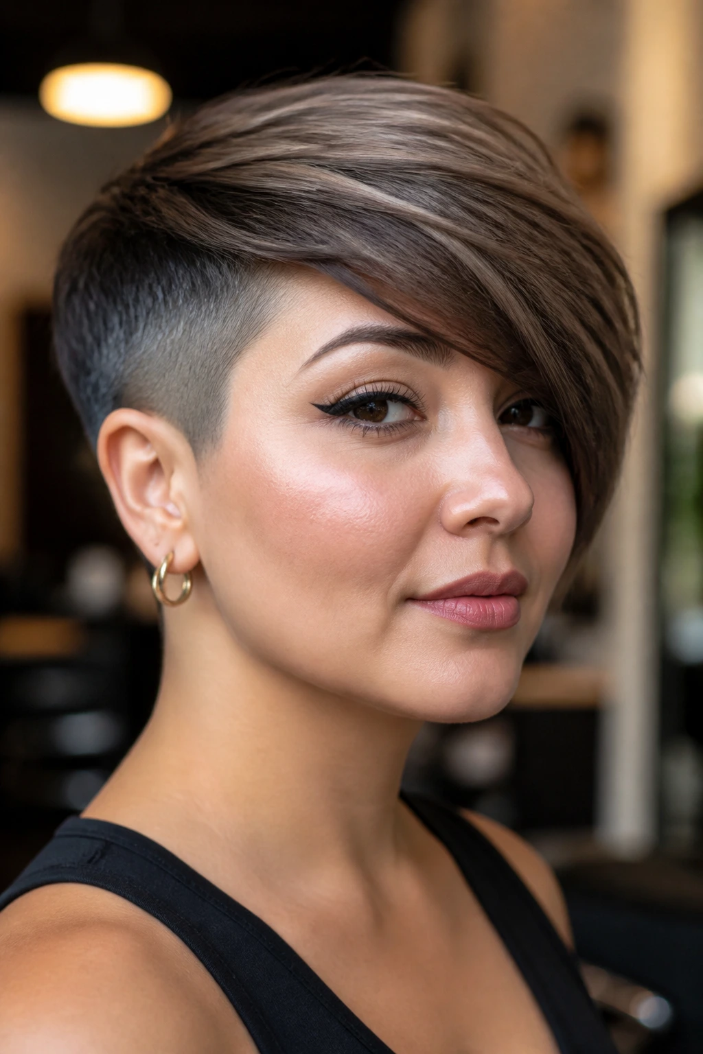 Close-up portrait of a real person with side-swept crop and undercut showing diagonal sweep.