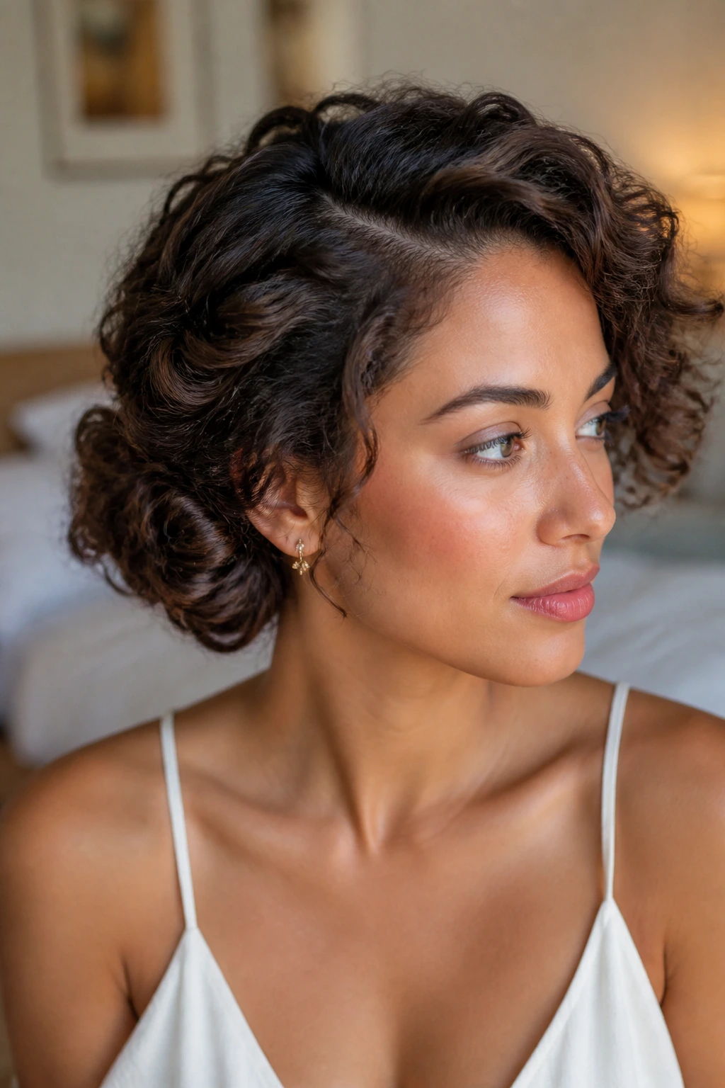 Close-up of a real woman in a side-swept rolled updo with textured curls behind the ear, in warm natural light.