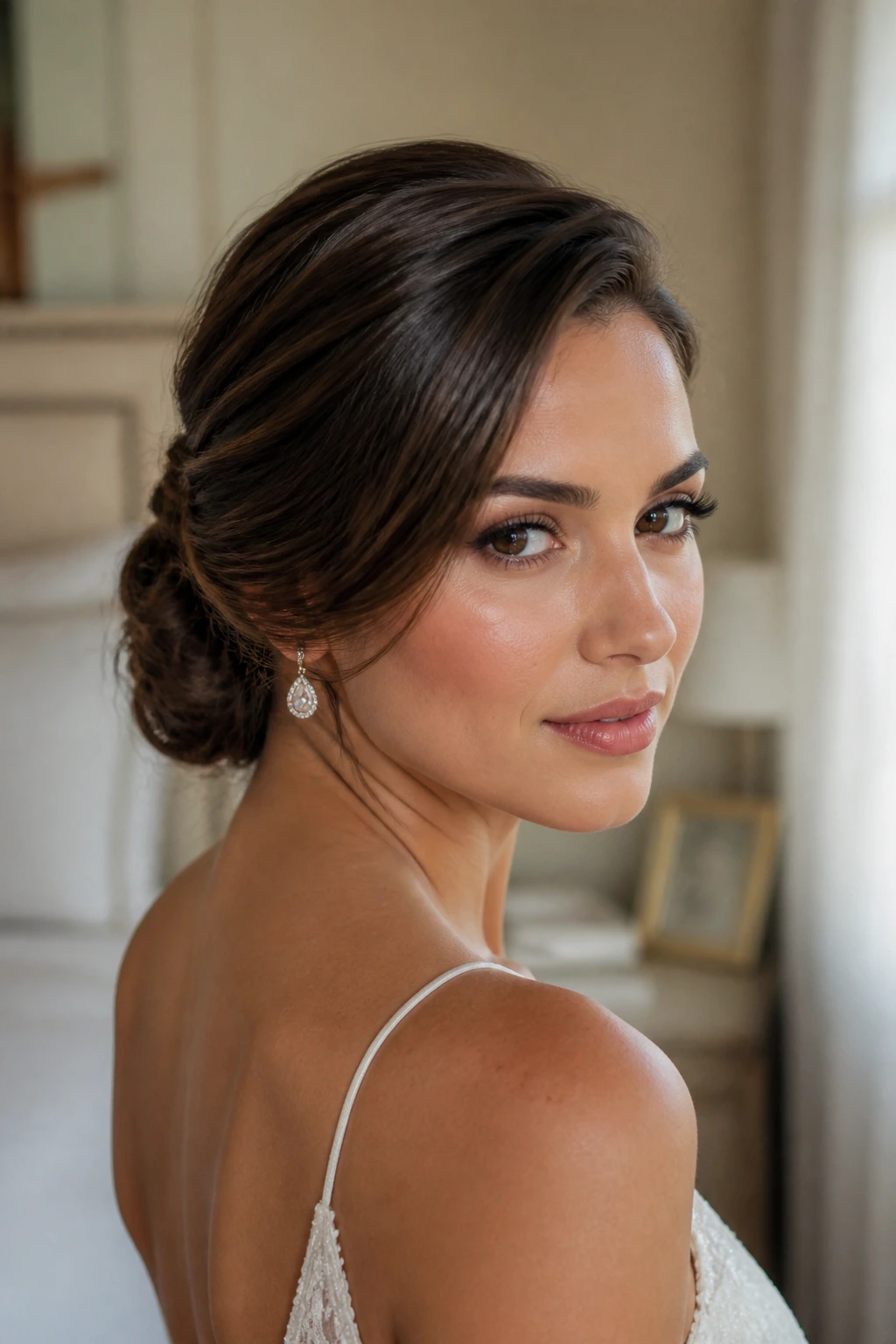 Close-up of side-swept updo on real woman with side knot behind the ear.