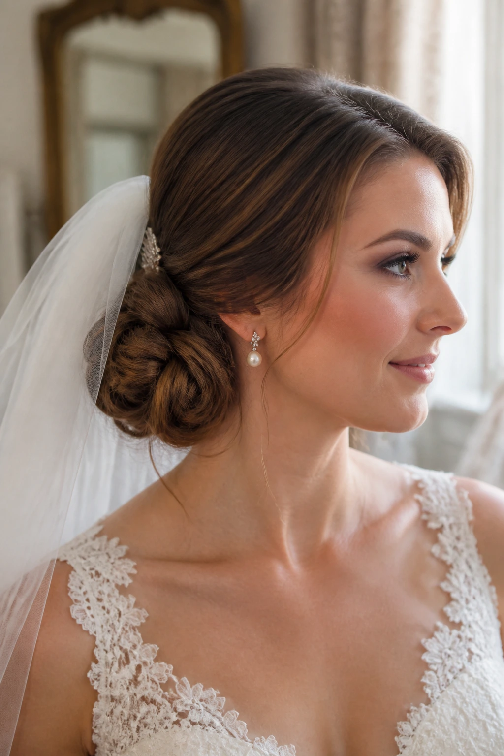 Close-up of a real bride with side-swept veil bun