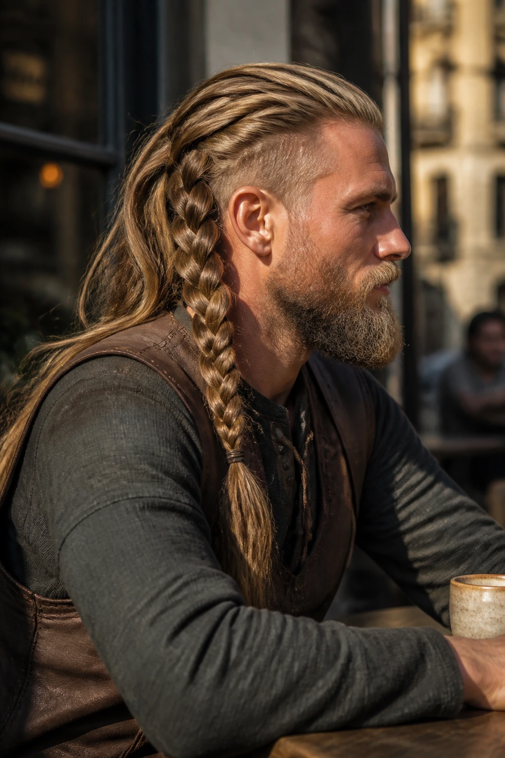 Close-up of a real man with a side-swept Viking tail and one heavy braid