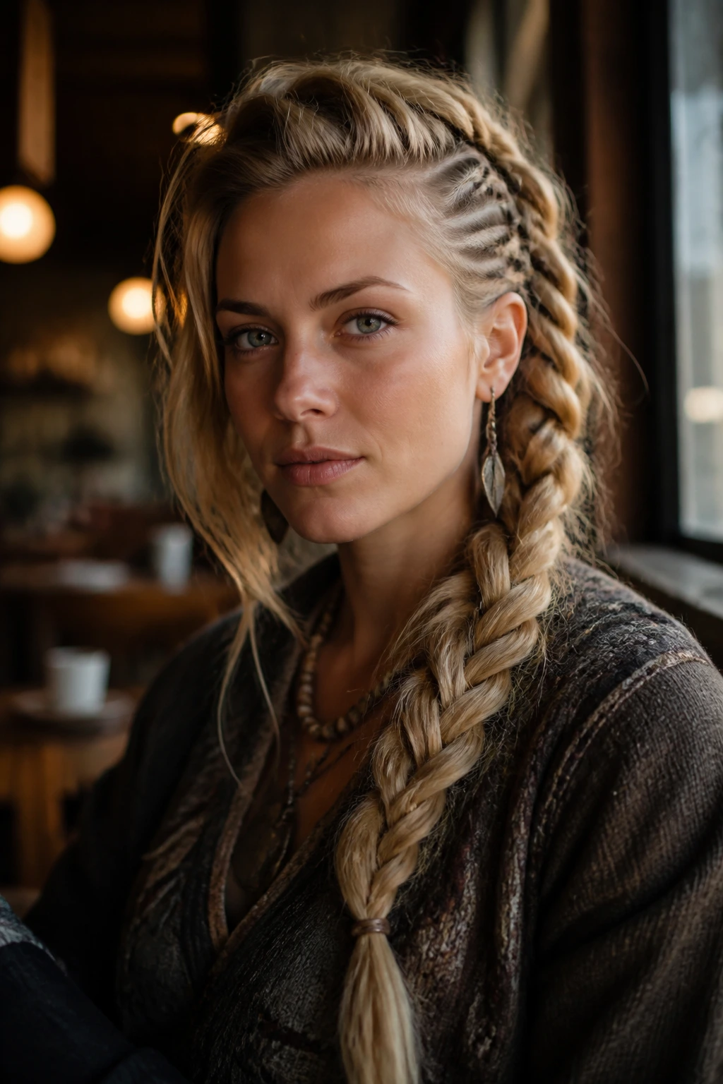 Close-up of a real woman with a side-swept Viking braid across her temple