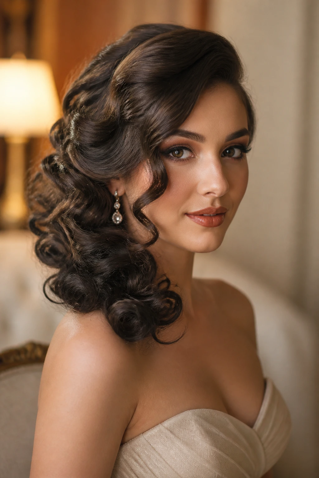 Close-up of a real woman with side-swept vintage curls