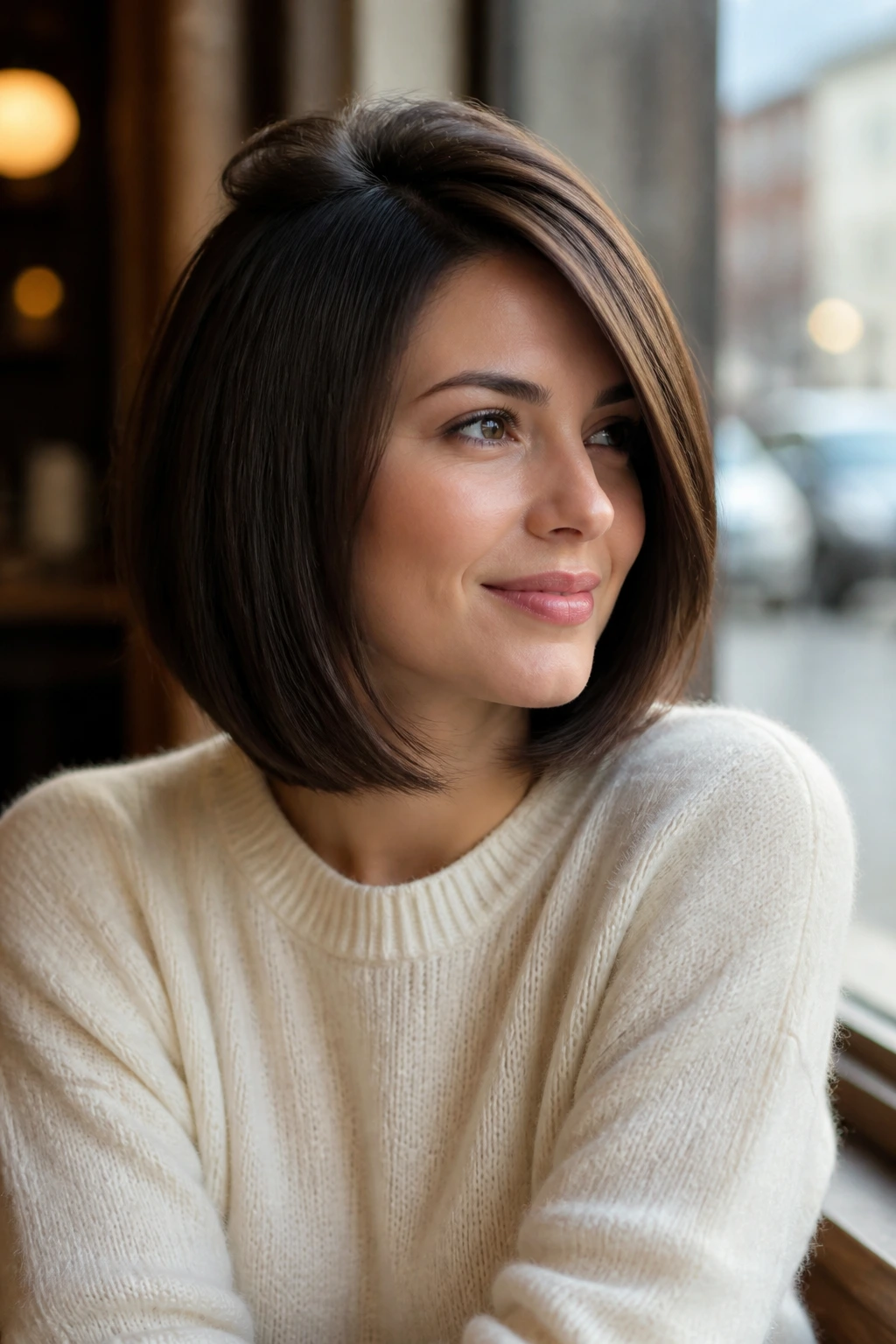 Portrait of a real woman with a side-swept volume bob and crown lift