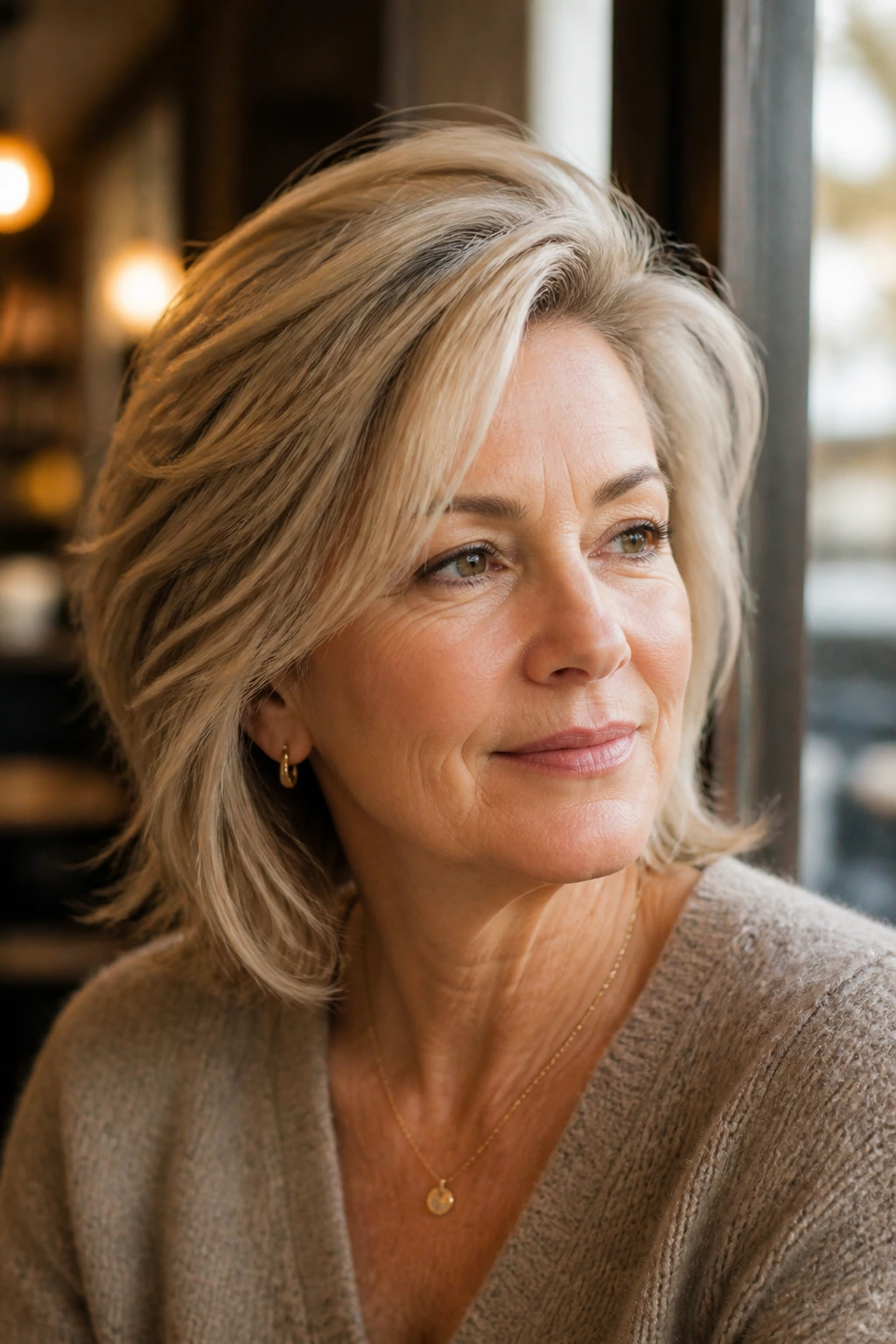 Portrait of a real woman with side-swept volume and lifted crown.