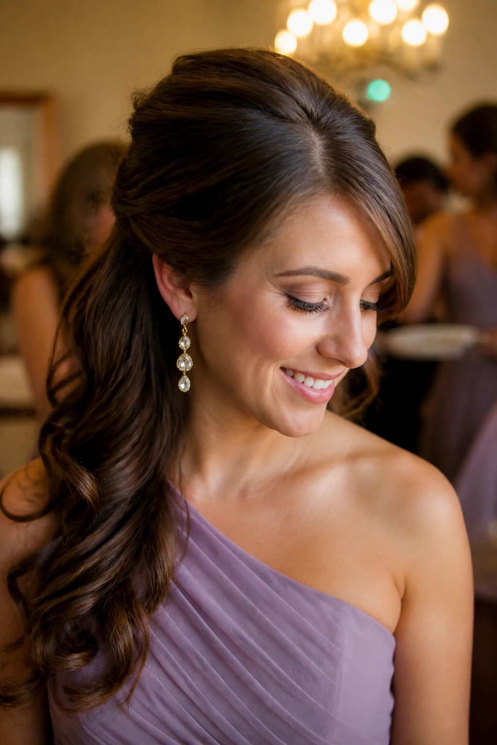 Close-up of real bridesmaid with side-swept volume half-up hairstyle