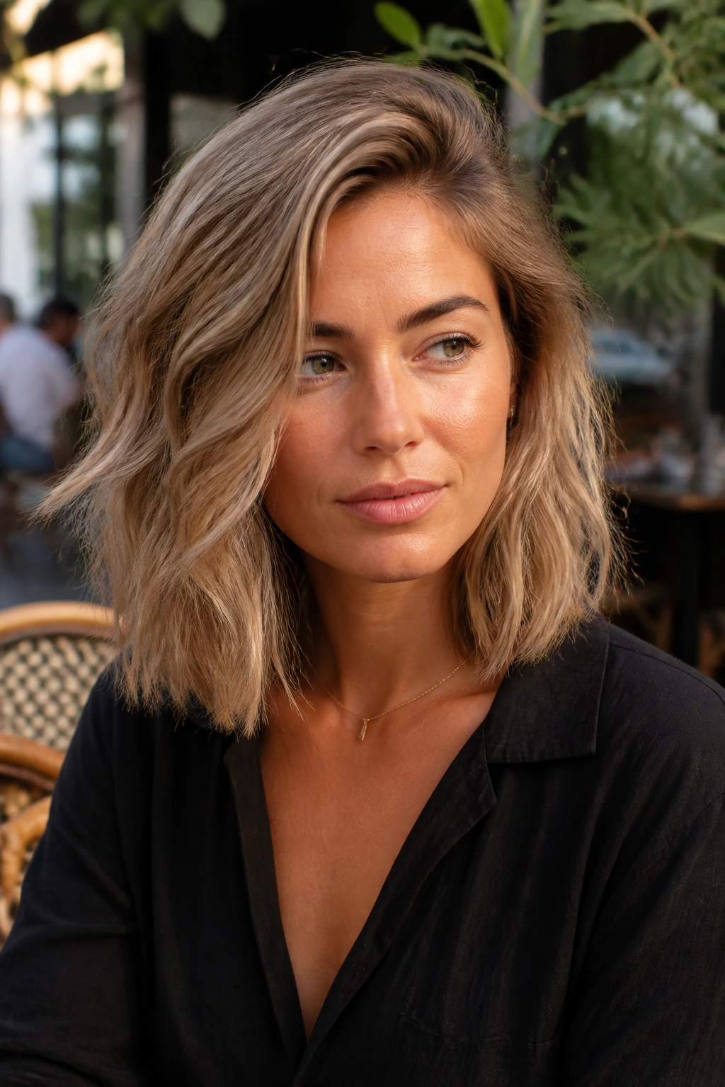 Close-up of a real woman's side-swept volume lob with lifted crown and diagonal length
