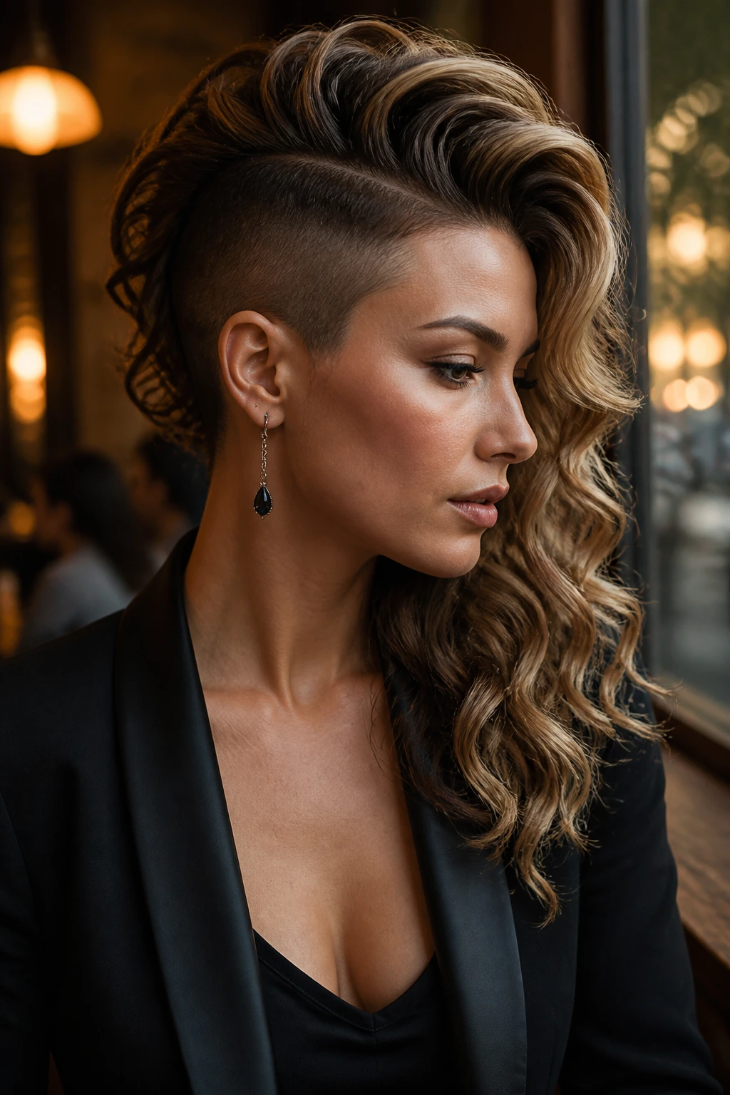 Close-up of a real person with side-swept wave hawk hairstyle