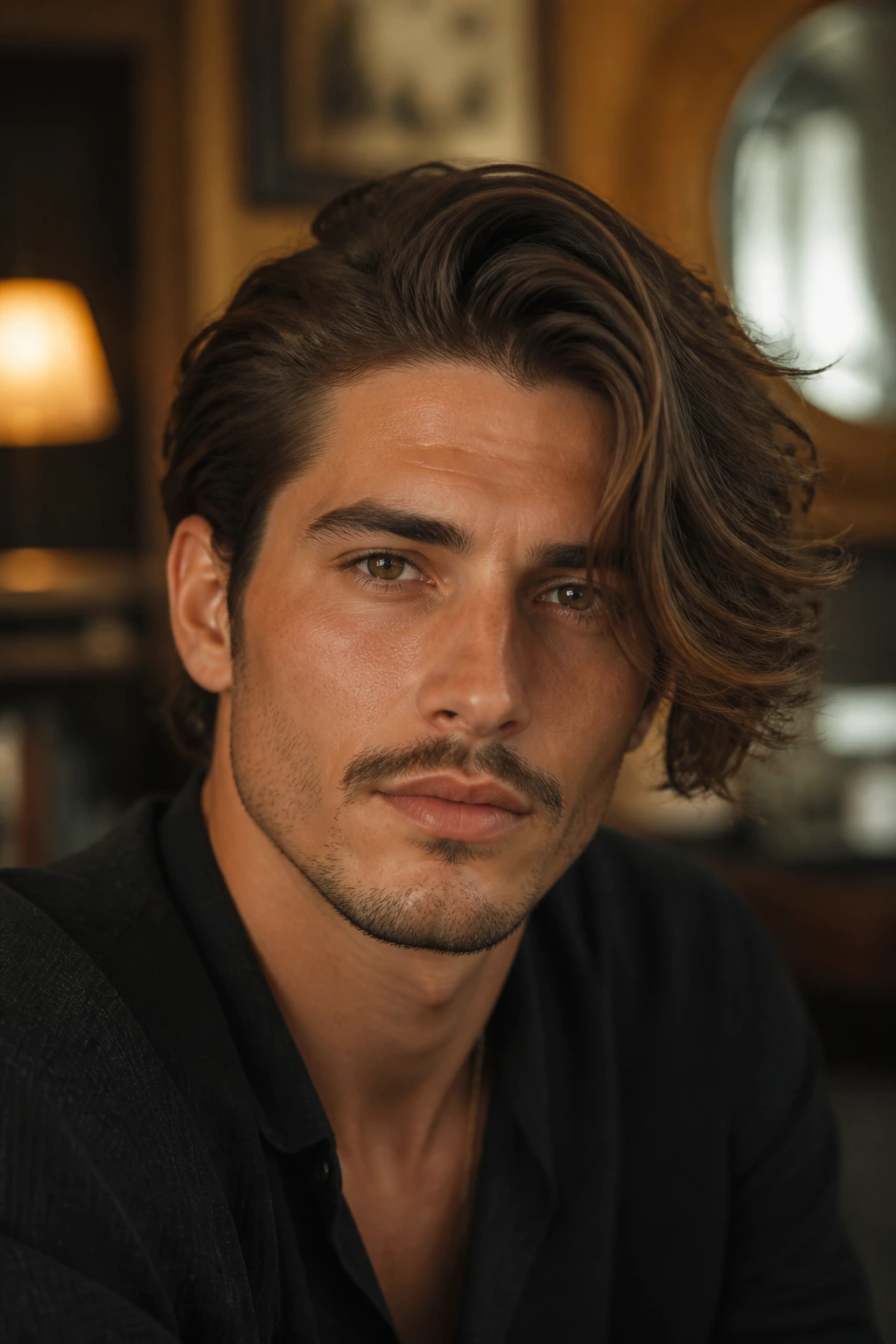 Man with a deep side-swept wave hairstyle in a retro setting
