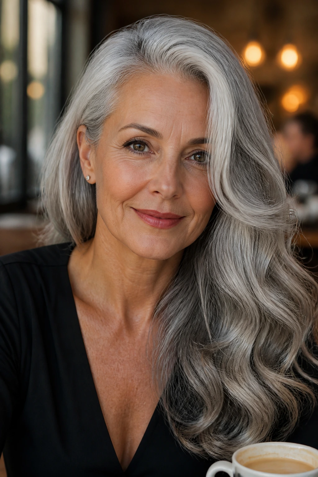 Close-up of a real woman with side-swept waves and old-Hollywood bend