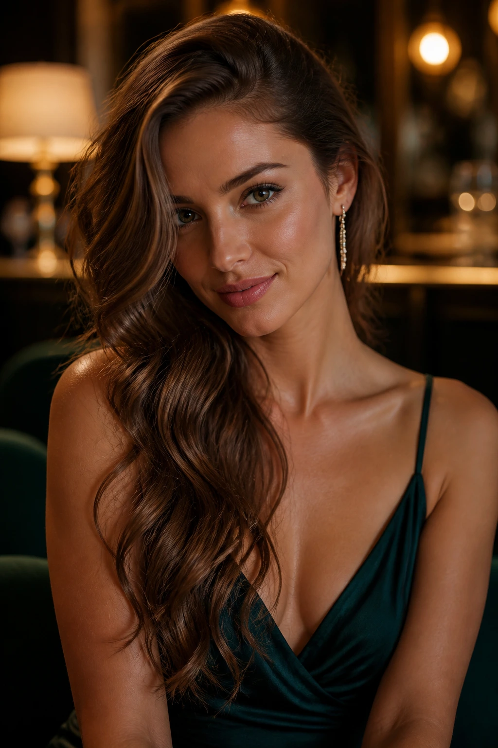 Close-up portrait of a real woman with side-swept waves over one shoulder