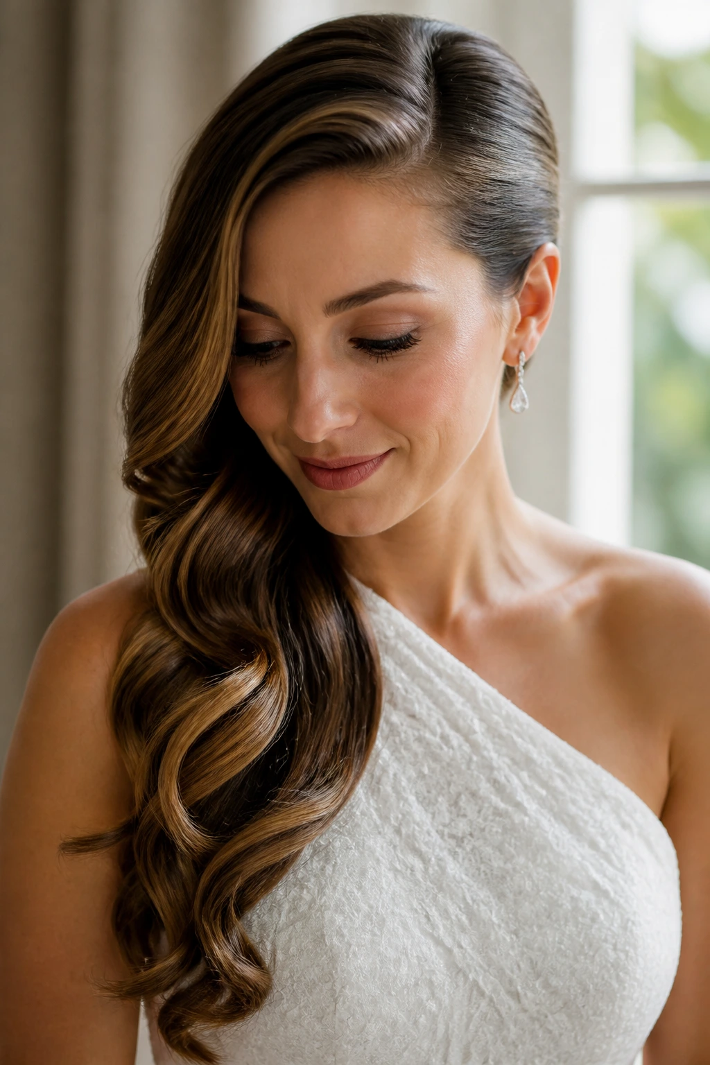 Close-up of a bride with glossy side-swept waves over one shoulder