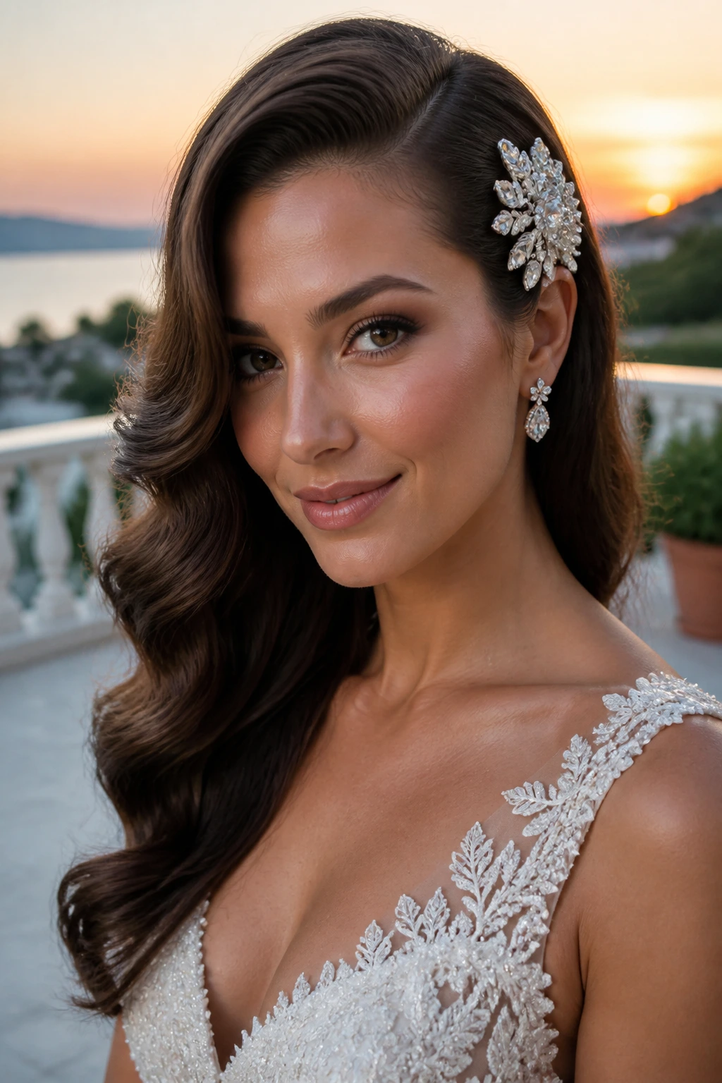 Bride with side-swept waves and a bold clip in outdoor wedding setting